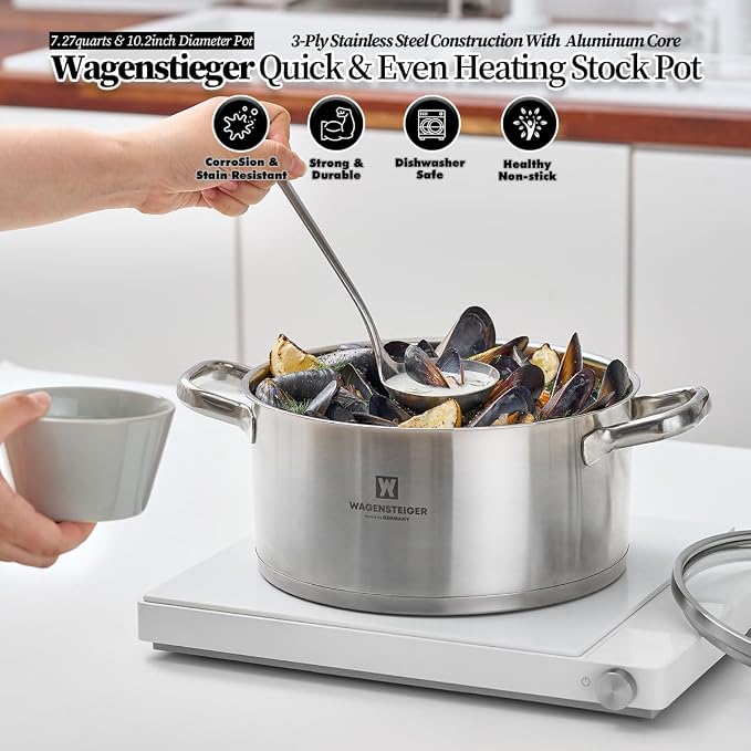 WAGENSTEIGER 7.27-Quart Dutch Oven, Stainless Steel 3-Layer Construction with Aluminum Core, Tempered Glass Lid, Spacious Stock Pot for Boiling, Stewing, Canning – For All Stovetops (9.84" Diameter)