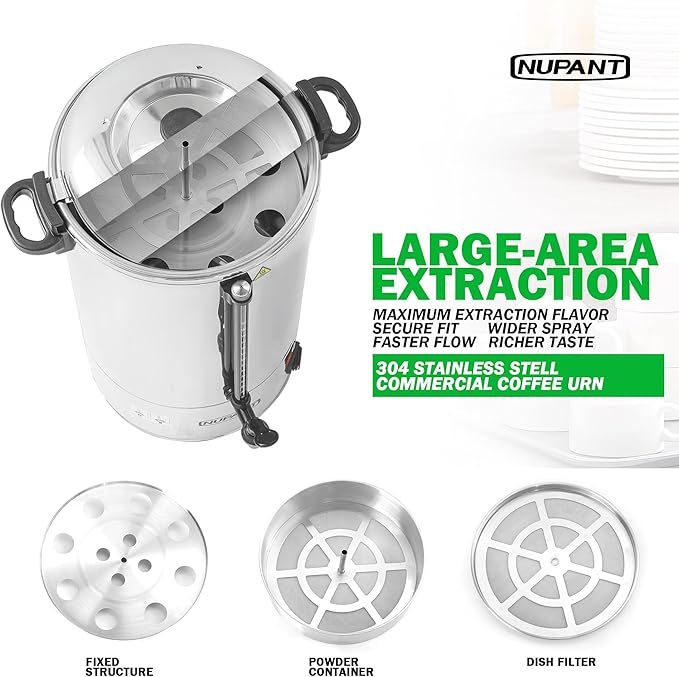 NUPANT Commercial Coffee Urn 50 Cup/8L Coffee Dispenser with Upgraded Percolator, Double Wall 304 Stainless Steel Hot Water Urn Beverage Dispenser, Keep Warm Large Coffee Maker for Catering Party
