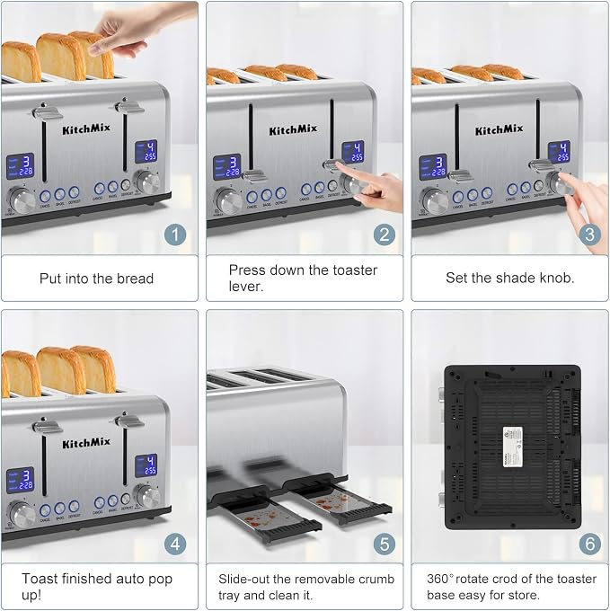 Toaster 4 Slice, KitchMix Bagel Stainless Toaster with LCD Timer, Extra Wide Slots, Dual Screen, Removal Crumb Tray (Stinless steel)