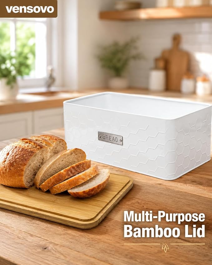 Bread Box for Countertop, Small White Metal Bin with Bamboo Lid | Small farmhouse bread storage container and bread bin with cutting board lid for homemade bread and baked goods organization.