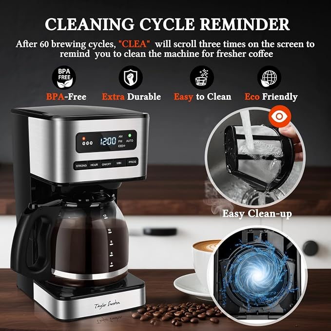 Taylor Swoden Programmable Coffee Makers 12 Cup, Black &Stainless Steel | Hot and Iced Coffee Maker, 4 Brew Strength, LED Display, 24H Timer, Keep Warm&Auto Shutoff- Drip Coffee Machine for Home