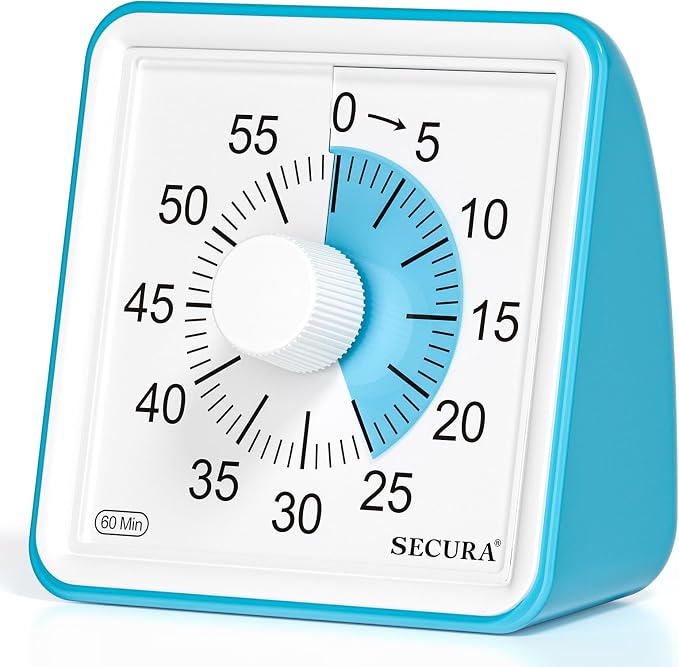 Secura Visual Timer for Kids, 60 Minute Classroom Countdown Timer for Study | Non-Ticking, Adjustable Alarm Volume/Duration, Low Power Reminder, Time Management Tool for ADHD (Blue & Blue)