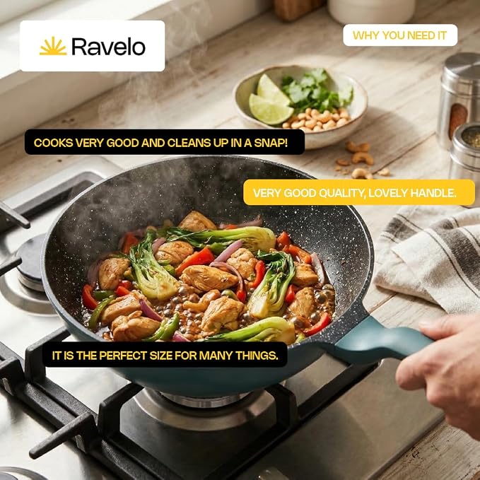 Ravelo Nonstick Wok Pan with Glass Lid, 11.8in Die Cast Stir Fry Pan | Deep ceramic-coated wok with glass lid, soft-touch handle, and induction-ready base for stir fry and everyday cooking.