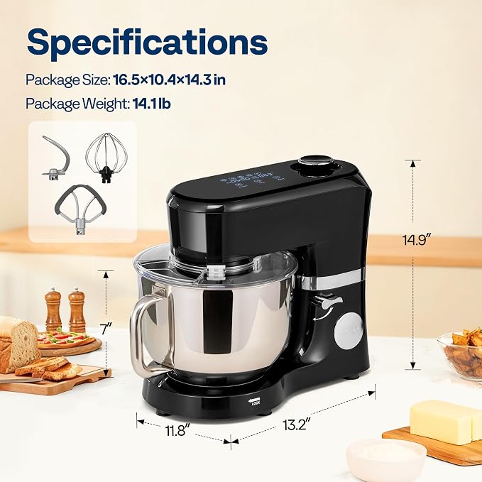 VIVOHOME Stand Mixer with Dough Proofing, 6-Quart Tilt-Head Mixer, Black | One-Touch Programs, Adjustable Temperature & Time, Flex Edge Beater, Dough Hook, Whisk, Stainless Steel Bowl, Splash Guard