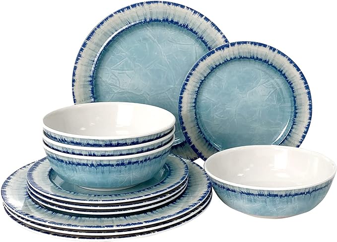 Melamine Dinnerware Set of 12 Pcs Dinner Dishes Set for Indoor and Outdoor Use, Dishwasher Safe, Lightweight Unbreakable, BPA Free, Light Blue
