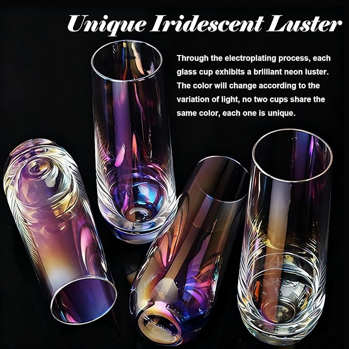 10oz Stemless Champagne Flutes, Iridescent Champagne Glasses, 4 PCS | Clear Crystal Glass Cups, Dishwasher Safe Wine Glasses Set for Champagne Cocktail Juice, Unique Gifts for Wine Enthusiasts