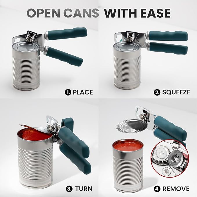 Zulay Kitchen Heavy Duty Stainless Steel Can Opener Manual with Bottle Opener - Rust Proof Manual Can Opener With Turn Knob & Comfy Soft Grip Handles - Green
