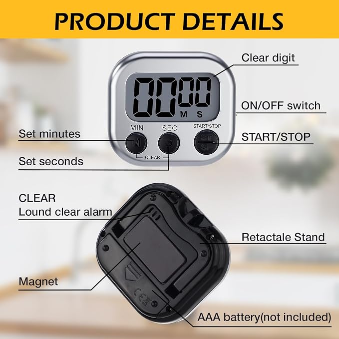 Leumoi 24 Pack Multi-Function Digital Timers with Magnetic Back, Large LCD Display, Loud Alarm, Count up & Countdown, Memory Function for Cooking, Classroom, Study, Exercise & Work(Sliver and Black)