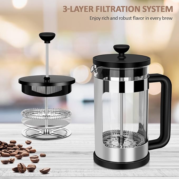 RAINBEAN French Press Coffee Maker 12 Oz, Mini Coffee Press 1 Cup, Single Serve French Press, With 3 Filterations, Heat Resistant Thickness Borosilicate Glass, Coffee Brewer Tea Press