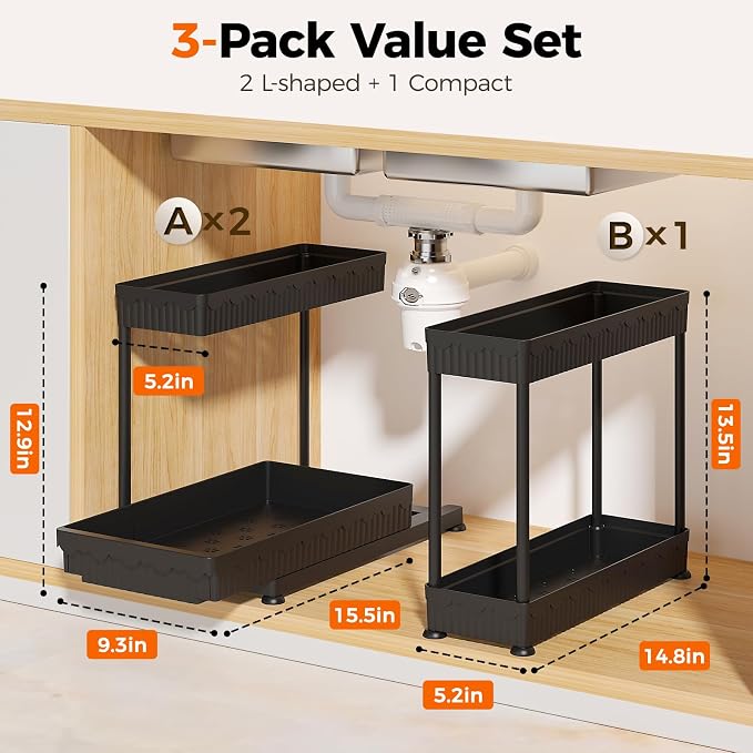 3-Pack 2-Tier L-Shaped Under Sink Organizers with Sliding Drawers | Multi-use kitchen & bathroom storage, 12.85 inch black cabinet organizer, space-saving sliding drawer design.
