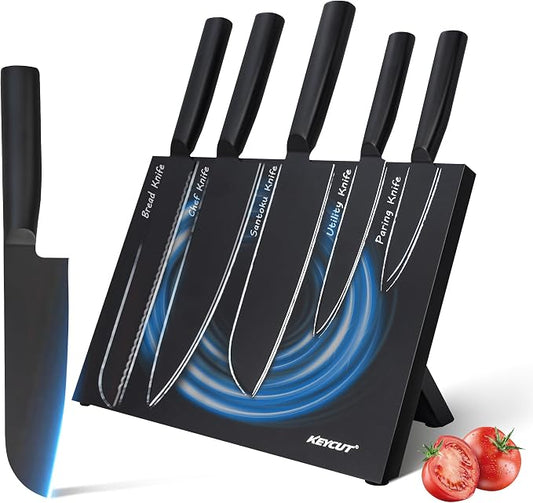 6 Pieces Knife Set with Foldable Magnetic Knife Block, Japanese Knife Sets, High-Grade 5CR Stainless Steel Chef Knives Sets with Wood Block, Professional Chef's Knife Set