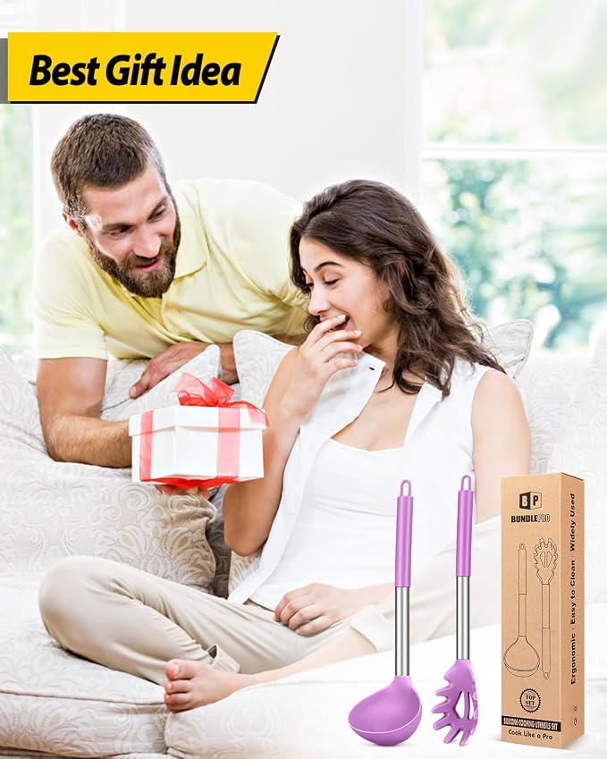 BUNDLEPRO Silicone Pasta Fork and Ladle Spoon Set, 2 Pack, Purple | Large Non Stick, High Heat Resistant Kitchen Utensils for Cooking,Stirring,Serving Spaghetti, Soup, Sauce