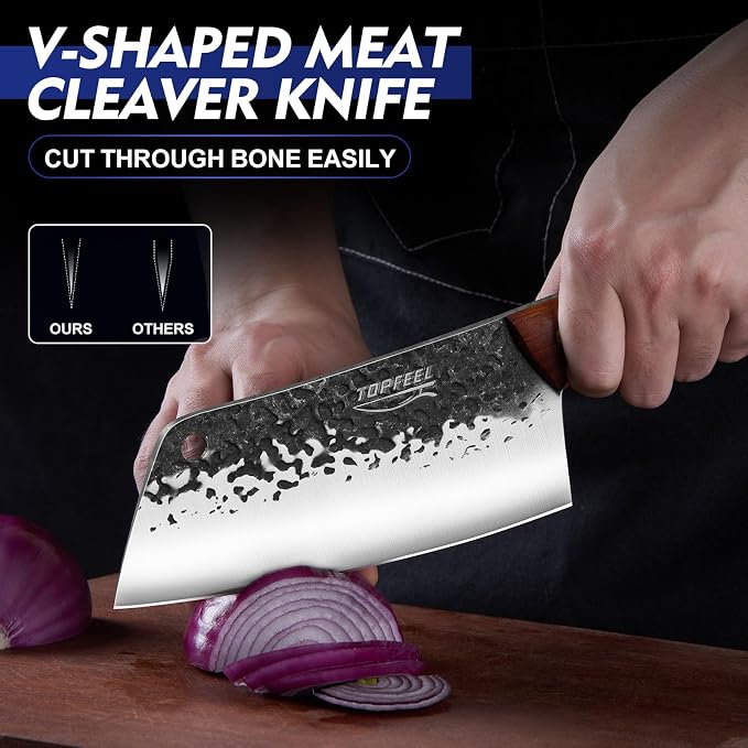 Topfeel 8PCS High Carbon Steel Butcher Knife Set with Leather Roll Bag | Six hand-forged knives: two cleavers, butcher, carving, boning and fillet knives; sharpening rod, full-tang rosewood handles