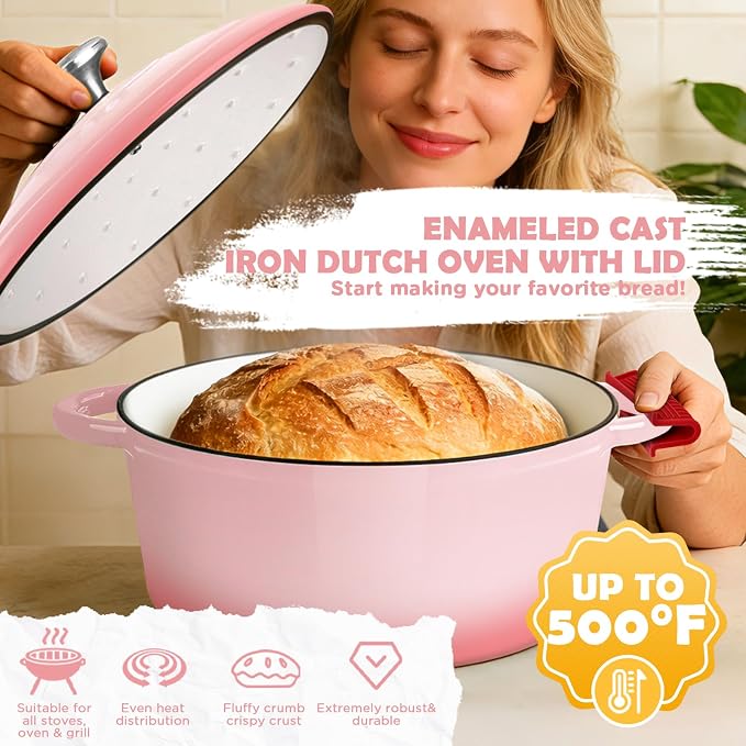 Enameled Cast Iron Dutch Oven Pot with Lid, 5QT Dutch Oven for Bread Baking | Round Bread Oven, Sourdough Bread Baking Supplies, Banneton Bread Proofing Basket, Starter Jar, Lame, Oven Safe up to 500°F
