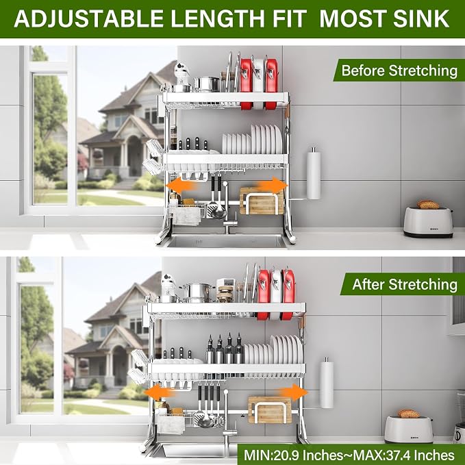 Over The Sink Dish Drainer Drying Rack 3 Tier, Full Stainless Steel Dish Drying Rack Adjustable Length 20.9''-37.4'' , Kitchen Sink Shelf, Organized Space-Saving Dish Rack with Pots and Pans Rack