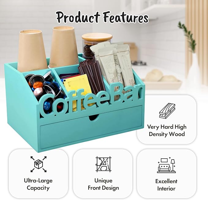 Coffee Bar Organizer Countertop, Wood Coffee Station, Drawer, Turquoise | K-Cups, Tea Bags, Sugar Packets & Creamers