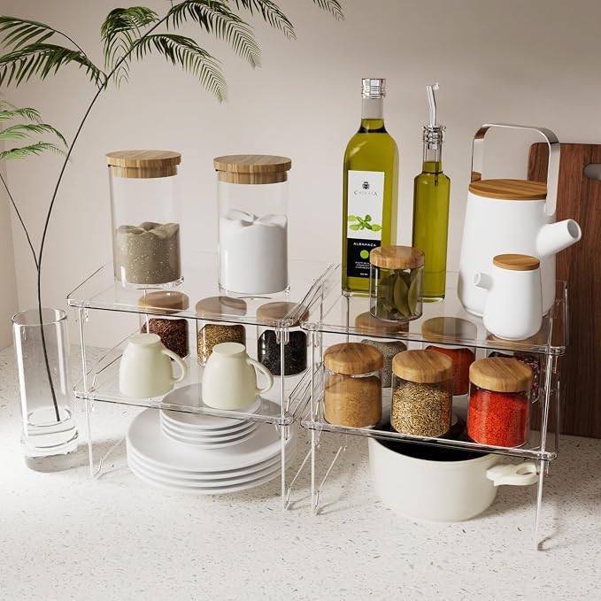 STARLATTA Acrylic Cabinet Organizer Shelf,4 Pcs Stackable Kitchen Counter Shelves,Spice Rack,Countertop Organizers,Clear Plastic Storage Organization for Makeup，Bathroom,Cupboard,Desk,Pantry