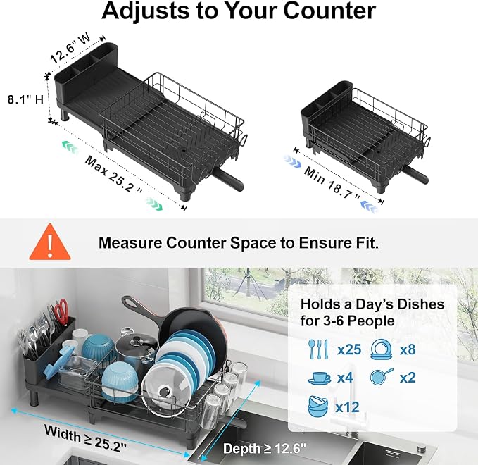 Large Dish Drying Rack - Expandable for Kitchen Counter, Black | 18.7-25.2 in Extendable Length, Vertical Pot Storage, Auto-Drain Spout, Removable Utensil Holder, Rust-Resistant Frame