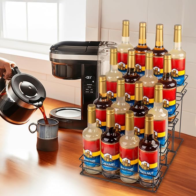 kimilus 16 Bottle Capacity Coffee Syrup Organizer 4 Tier Coffee Syrup Stand Shelf for Coffee Bar Accessories for Coffee Bar Kitchen Small Wine Rack for Bar Family Storage for Syrup Wine Dressing
