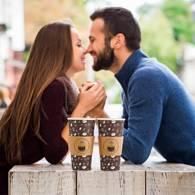 JOLLY PARTY Disposable Coffee Cups with Lids, Sleeves and Straws - 20oz(50 Pack) Paper Cups with Lids, Hot Coffee Cups for Shops, Cafes, and Concession Stands(Dark Brown)