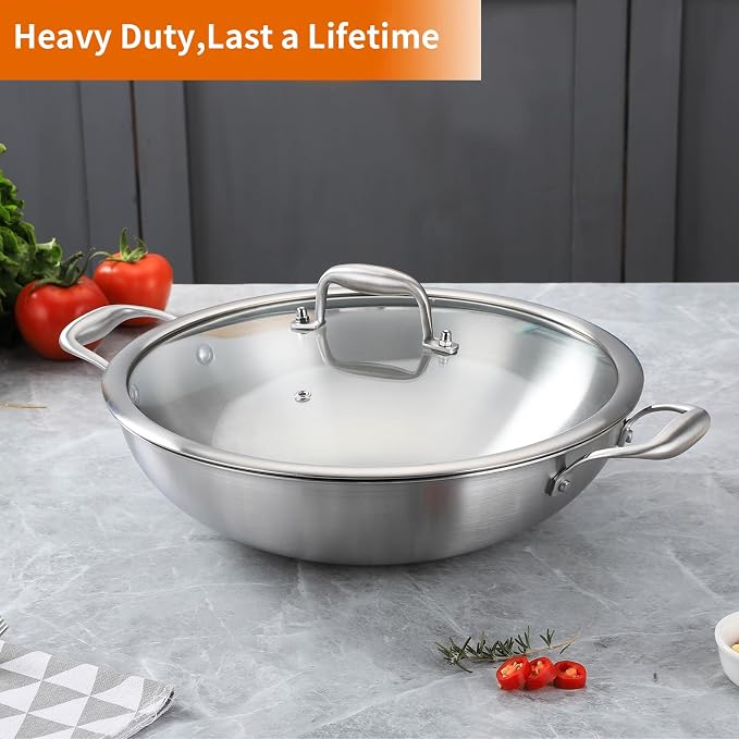 DELARLO Tri-Ply Stainless Steel Wok Pan With Lid, Fast & Even Heat 12Inch Large Stir Frying pan, Induction Saute Pan, Dishwasher Safe Cooking Pan, Induction, Broiler Safe 600℉