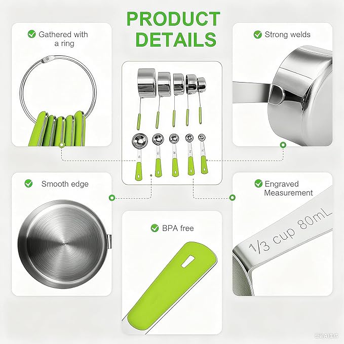 Bopei Measuring Cups and Spoons Set Stainless Steel 10 Piece for Cooking and Baking (5 Cups + 5 Spoons, Green Handle)