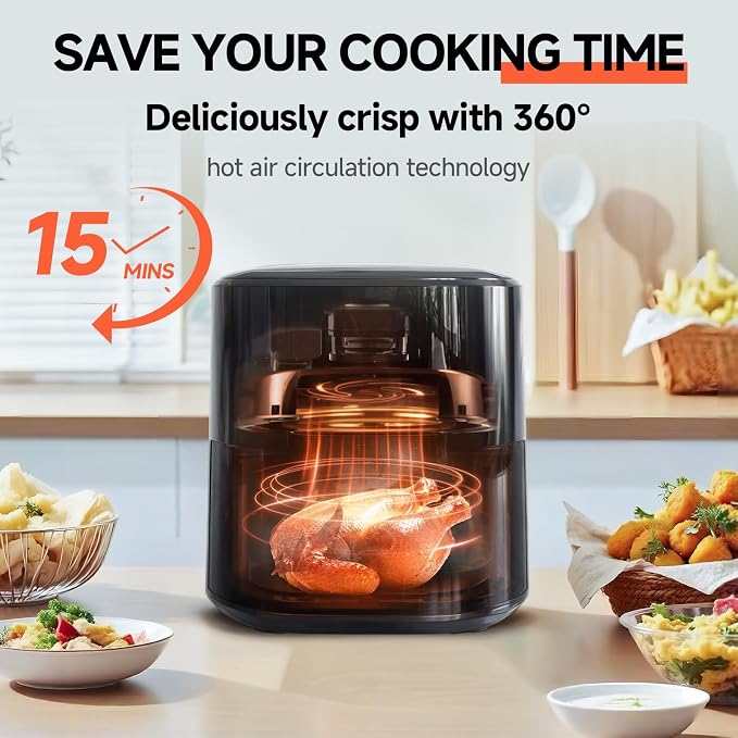 Qido Air Fryer, 5.28 QT Square Airfryer with Visual Window, 400°F Fast Heating Air Fryers Oven with One-Touch Presets, Auto-Off, Dishwasher-Safe Nonstick Basket, Multiple 8 in 1 Function, Light Black