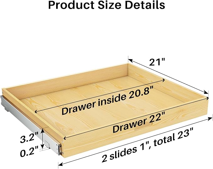 Pull Out Cabinet Organizer, Soft Close Wooden Slide Out Drawers for Pots and Pans, Full-extension Roll Out Shelves for Kitchen Cabinets, Pantry Organization, Bottom & Side Mount(23"W X 21"D x 3.4''H)