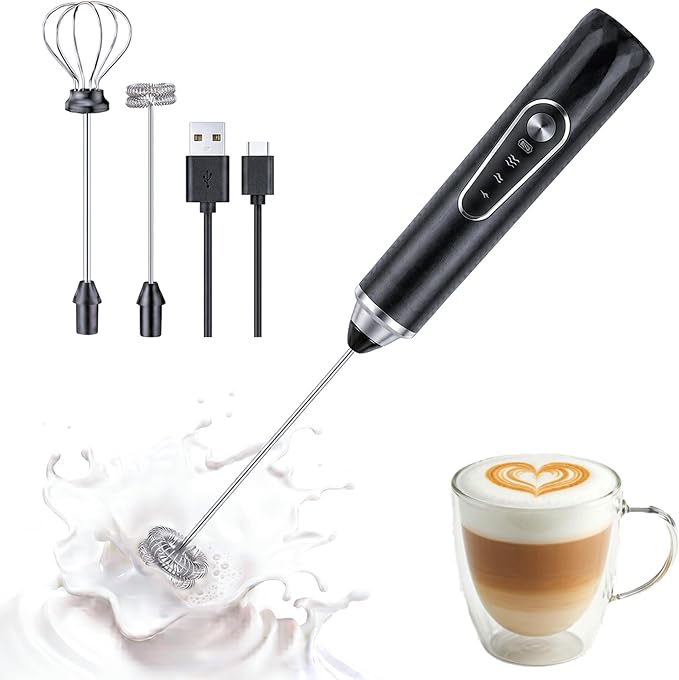 Rechargeable Handheld Milk Frother, 3-Speed & 2 Detachable Whisks,10000RPM | Electric Coffee Frother Wand for Lattes, Cappuccino, Matcha, Hot Chocolate, Protein Drinks, Kitchen Gifts