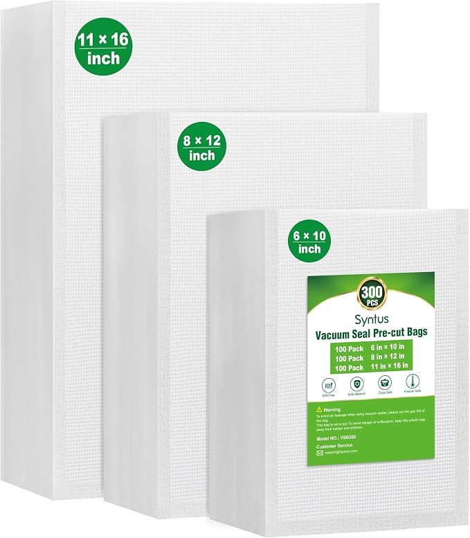 Syntus 300 Pcs Vacuum Sealer Bags for Food, 8x12+11x16+6x10, BPA Free | Precut Bags, 100 Quart + 100 Gallon + 100 Pint, Sous Vide Microwave Freezer, Food Vacuum Storage, For All Vacuum Sealers