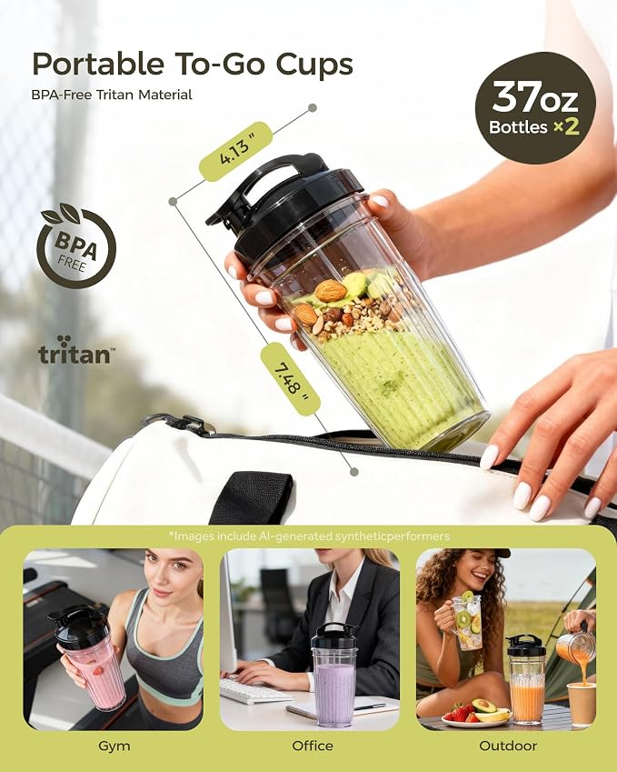 iCucina Smoothie Blender, 1000W Personal Blender for Shakes and Smoothies with 2 x 32oz Protable Cups and Lids, Single Serve Blenders for Ice Crushing, Bean Grinding, Frozen Fruit Drinks, Black