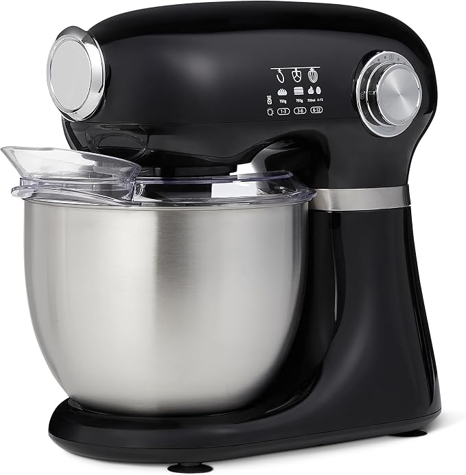 Amazon Basics Tilt-Head Stand Mixer with 5.3Qt Bowl, Dough Hook, Beater and Whisk, 12 Speeds, 350W, Black