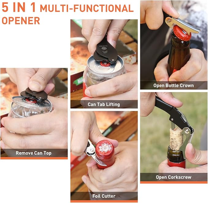 ikkle Soda Can Opener Smooth Edge 5-in-1 Portable Can Top Remover | Can Lid Remover For Beer,Canned Cocktails,Wine,Foil.Stainless Steel Ring Pull Opener,Safe Clean,For Kitchen,Bar,Camping