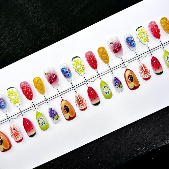 30Pcs 3D Fruit Press On Nails Short Almond Fake Nails Cute Summer Nails with Cherry Blueberry Strawberry Peach Design Tropical Fruit False Nails Reusable Full Cover Acrylic Nails Tips for Women Girls