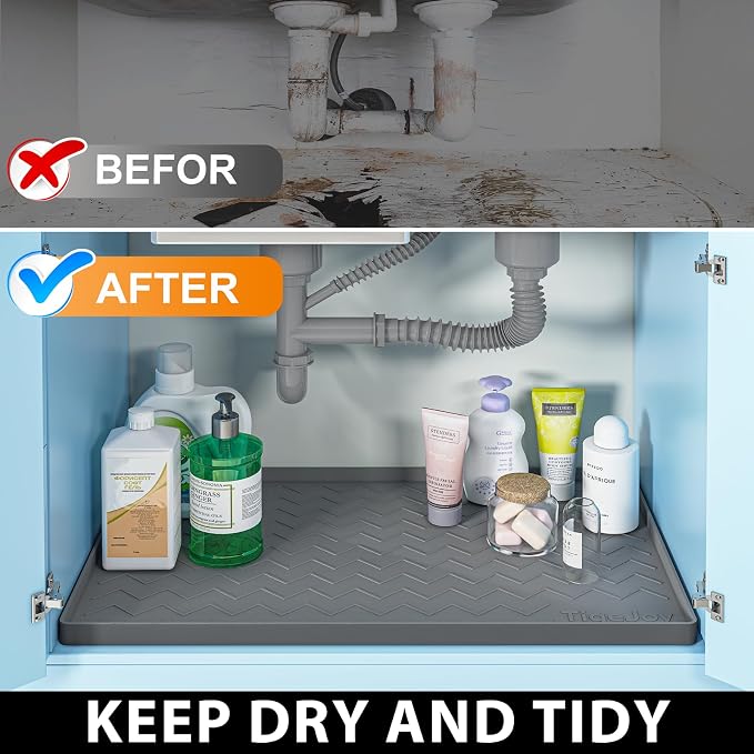 TigeJoy Under Sink Mats for Kitchen Waterproof 25" x 22", Cabinet Liner | Leak-Proof Silicone Mat Sink Protector, Kitchen Essentials Organizer and Storage,Boot or Shoe Tray, Pet Feeding Mat