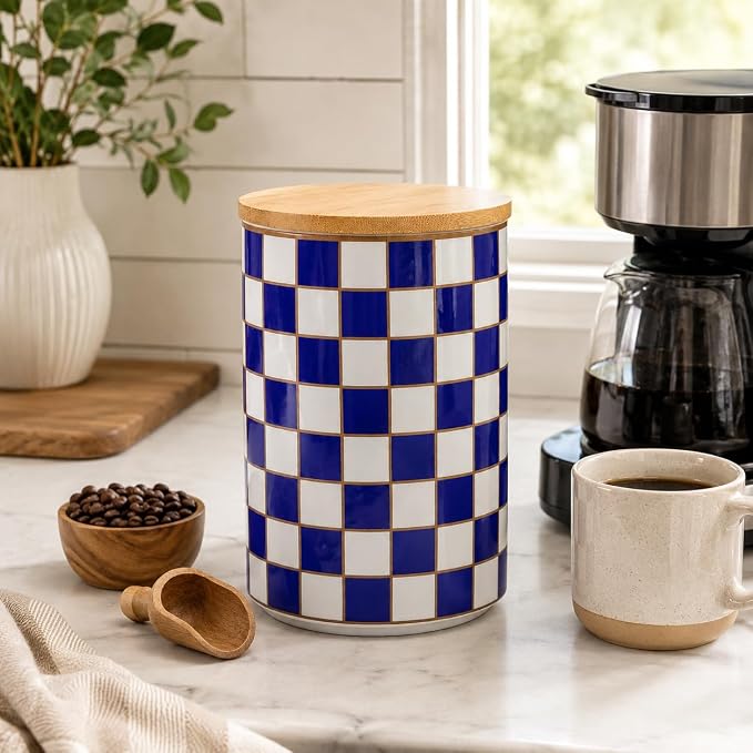Kitchen Countertop Ceramic Checkered Canisters,Black And White Food Storage Containers With Lid,Airtight Kitchen Canisters for Flour, Sugar, Coffee, Tea, and Dry Goods (Blue, XL)