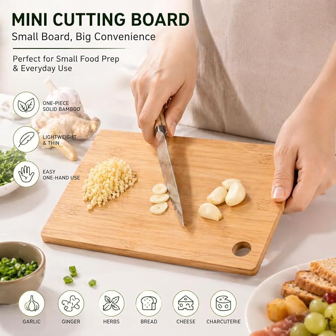 Small Bamboo Cutting Board for Garlic, Ginger, Herbs & Fruit, Solid One-Piece Bamboo Construction, Compact Mini Prep Board, Naturally Odor Resistant, 11.8 x 7.3 Inch