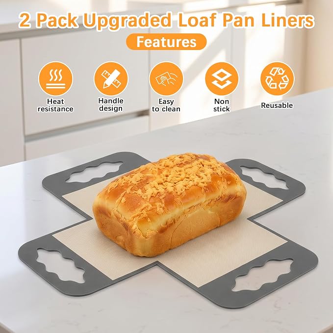 2Pcs Silicone Bread Pan Liner Reusable Baking Mat Fits 9x5" Loaf Pans | Non-Stick, Heat Resistant Loaf Pan Lifters with 4 Handles