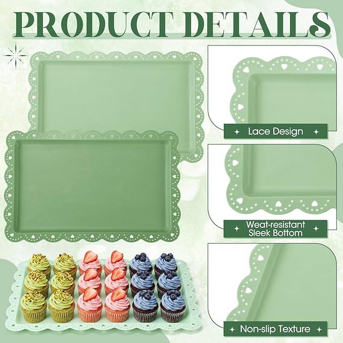 6 Pcs Green Serving Trays Plastic Platters Dessert Cupcake Holder Party Supplies 14.4 x 9.3 Inches Rectangular Cookie Snack Display Tray for Wedding Restaurant