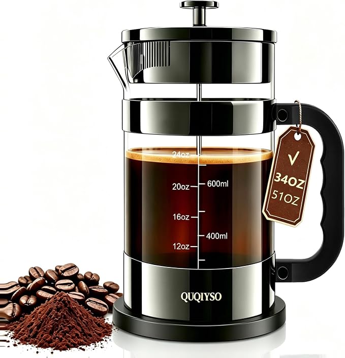 QUQIYSO French Press Coffee Maker 34oz, Thickened Glass Coffee French Press | Stainless Steel Coffee Press, 4 Filter Easy to Clean, Cold Brew Coffee Maker, Suitable for Kitchen Party Gifts(Dark Pewter)