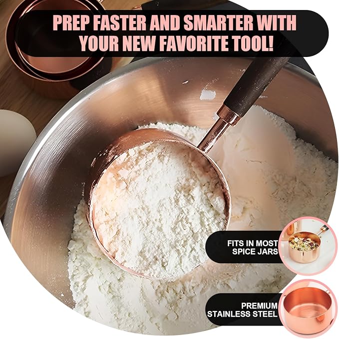 SHIKORI Rose Gold Measuring Cups and Spoons Set with Wood Handles-4PCS | Premium Stainless Steel Measuring Spoons and Measuring Cups Set, For Cooking and Baking in the Kitchen-Rose Gold-4Cups