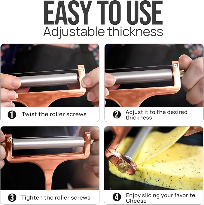 Zulay Adjustable Cheese Slicer - Wire Slicer for Mozzarella, Cheddar, Gouda - Heavy Duty With 2 Extra Wires (Rose Gold)