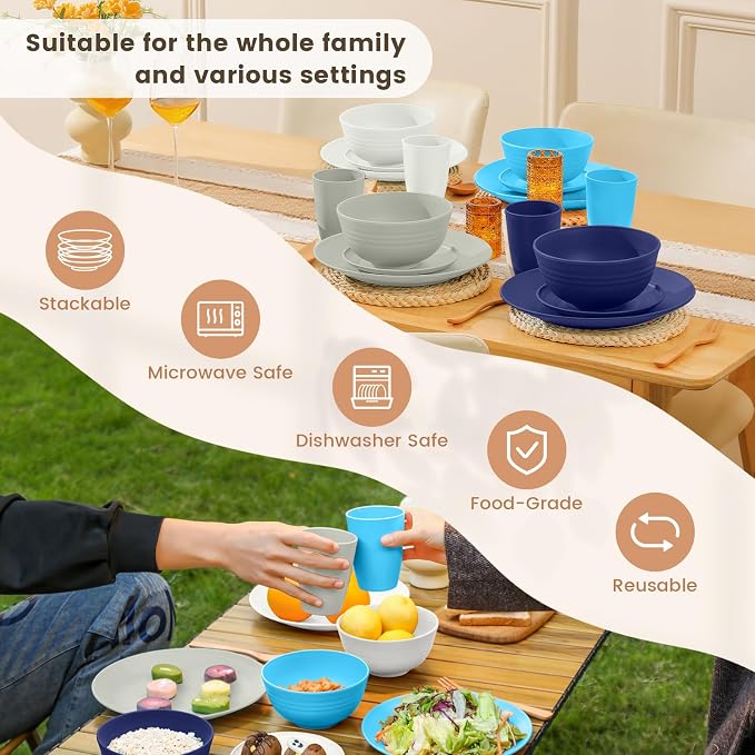 Premium Wheat Straw Dinnerware Sets, Plates and Bowls Sets,Cups,Alternative to Plastic Plates Service for 4, Dishwasher and Microwave Safe 16 PCS Dish Sets for Home,Camping - Island