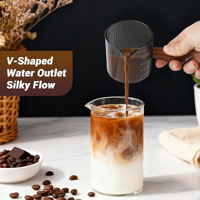 Espresso Measuring Cup 4 Oz, Espresso Glass Cups with Wood Handle, Milk Frothing Cup, Espresso Cup for Coffee, Milk, Tea or Maple Syrup Serving (Gray, 4 oz)