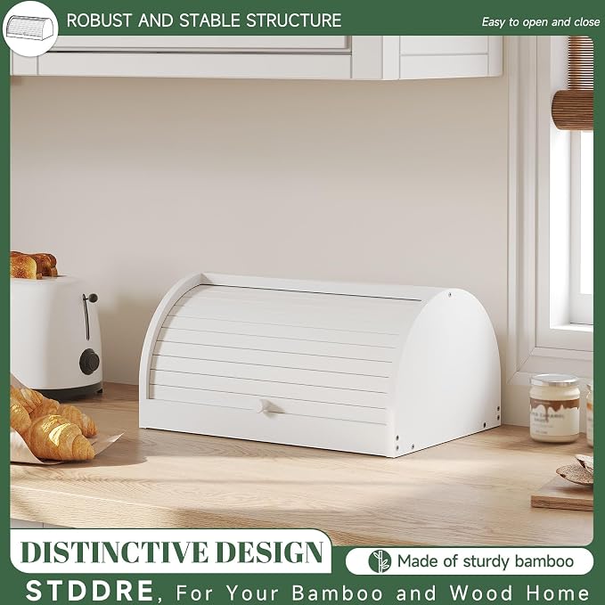 STDDRE Corner Bread Box for Kitchen Countertop Roll Top Bread Box Kitchen Food Storage Box for Homemade Bread Bread Holder for Kitchen Counter Pantry Shelf (White)