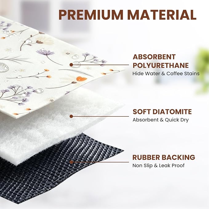 Coffee Mat Dish Drying,Non-Slip Easy Clean Sink Mat,Heat-resistant ,Fit Under Coffee Maker, Espresso Machine, Pot, Dish Rack (White petals, 16"x24")