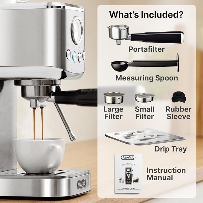 Zulay Magia Compact Espresso Machine – 20 Bar Small Espresso Machine with Milk Frother Steam, Latte & Cappuccino, Mini Espresso Machine 1350W Fast Heating, 40oz Water Tank, Stainless Steel – Silver