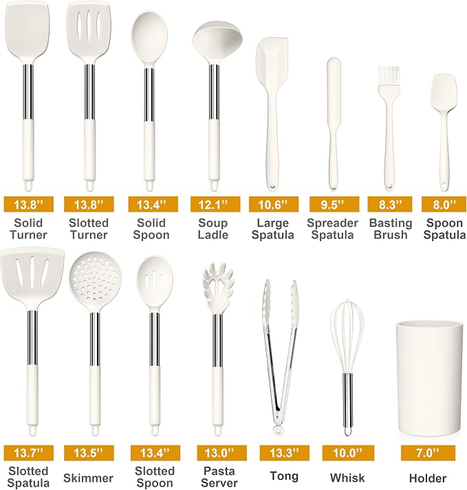 LIANYU 15 Pcs Cooking Kitchen Utensils Set with Stainless Steel Handle | Silicone Kitchen Gadgets with Holder, Heat Resistant Spatula Tools, Brush Spoon Tong Whisk Ladle Turner for Cookware, White