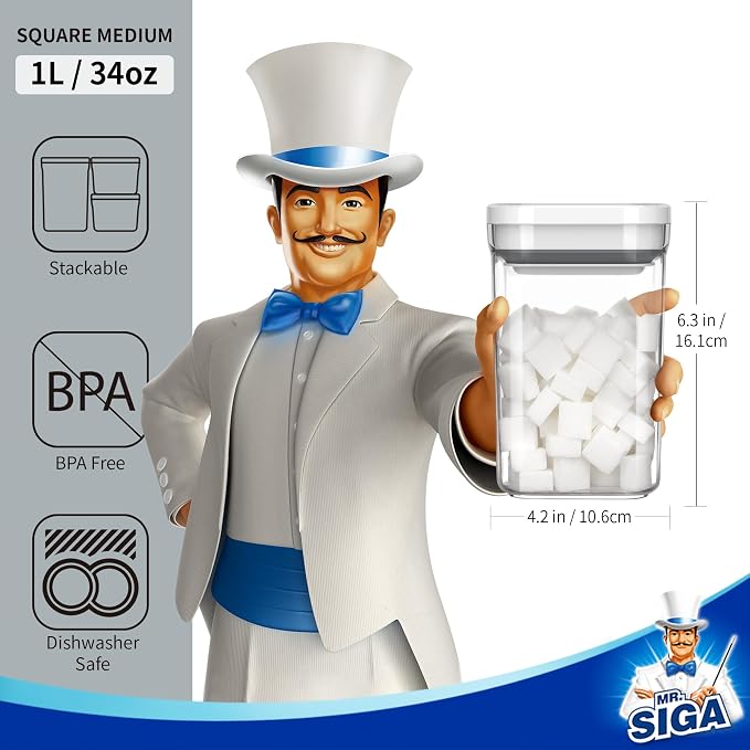 MR.SIGA 4 Pack Airtight Food Storage Container Set for Pantry Organization | One-handed leak proof lids, BPA Free, stackable and space saving, 1.0 L( 33.8 oz), Medium, white