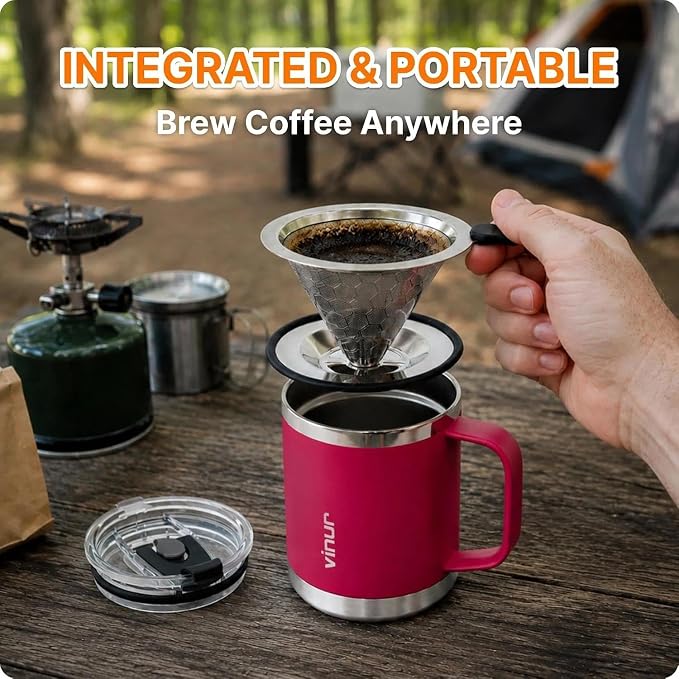 VINUR Insulated Pour Over Coffee Maker-12 oz Stainless Steel Coffee Maker | Double Wall Insulated Coffee Maker With Stainless Steel Filter for Home Office Outdoor, Gift for Men & Women (Fuchsia Red)